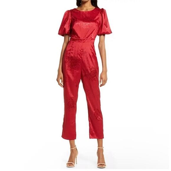 NWT Lulus Time After Time Jumpsuit Women's Size S Deep Red Jacquard Puff Sleeve - Picture 1 of 9